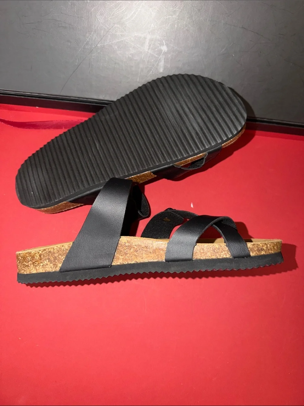 NWOB Women’s Black Strappy Buckle Sandals with Suede Footbed